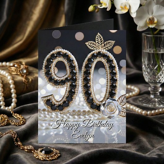 Elegant Black Jewels Pearls And Gold 90th Birthday カード