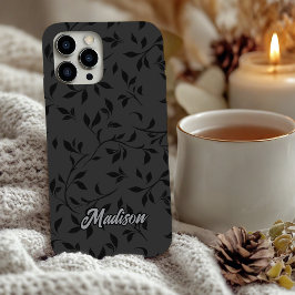 Elegant black leaves grey monogram  iPhone 16ケース