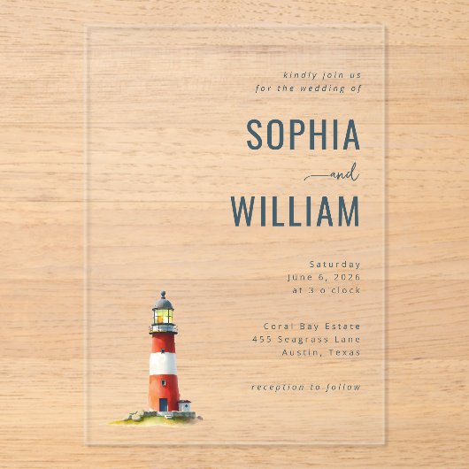 Elegant Black Lighthouse Illustration アクリル招待状 (正面)