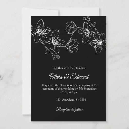 Elegant Black Line Art Floral Wedding Invitation 招待状 (正面)