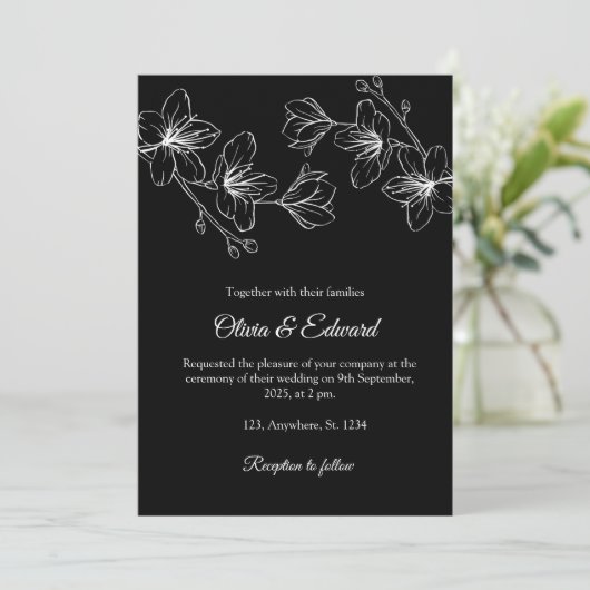 Elegant Black Line Art Floral Wedding Invitation 招待状 (スタンド正面)