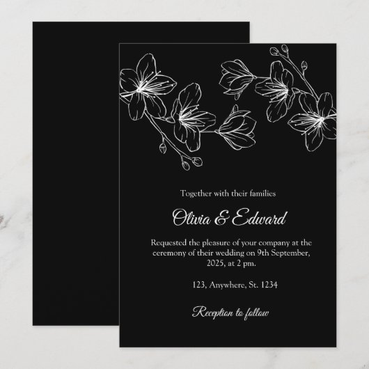 Elegant Black Line Art Floral Wedding Invitation 招待状 (正面/裏面)