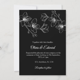 Elegant Black Line Art Floral Wedding Invitation 招待状