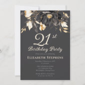 Elegant Black Magnolia Floral 21st Birthday Party  招待状 (正面)