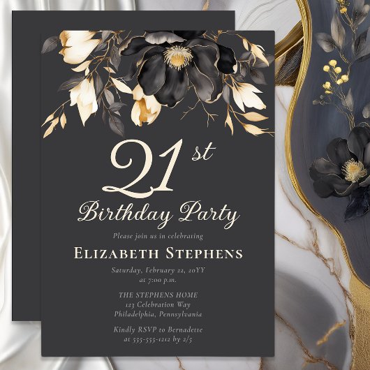 Elegant Black Magnolia Floral 21st Birthday Party  招待状
