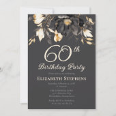 Elegant Black Magnolia Floral 60th Birthday Party  招待状 (正面)