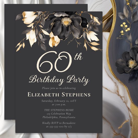 Elegant Black Magnolia Floral 60th Birthday Party  招待状