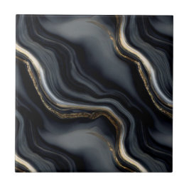 Elegant Black Marble and Gold Veins Abstract  タイル