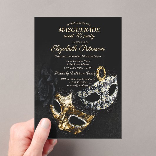 Elegant Black Masquerade, Masque Sweet 16 アクリル招待状 (インサイチュ (ポータブル))