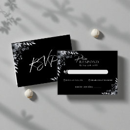 Elegant Black Minimalist Floral Wedding RSVP ノートカード