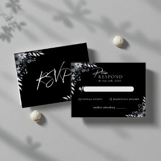 Elegant Black Minimalist Floral Wedding RSVP ノートカード