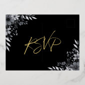 Elegant Black Minimalist Floral Wedding RSVP 箔招待状ポストカード (裏面)