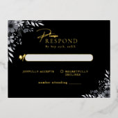 Elegant Black Minimalist Floral Wedding RSVP 箔招待状ポストカード (正面)