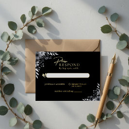Elegant Black Minimalist Floral Wedding RSVP 箔招待状ポストカード