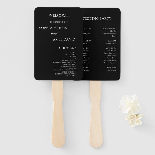 Elegant Black Minimalist Wedding Programs ハンドファン (正面&裏面)
