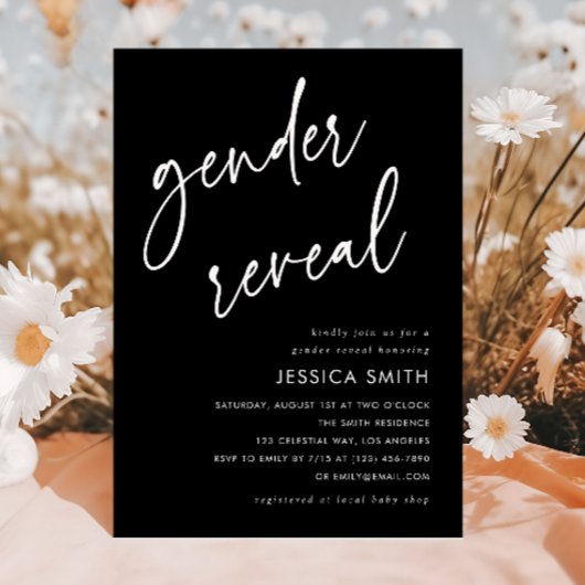 Elegant Black Modern Script Gender Reveal Party 招待状