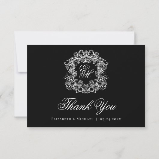 Elegant Black Monogram Crest Vintage Wedding  サンキューカード (正面)