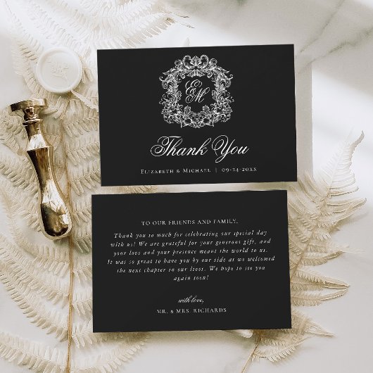 Elegant Black Monogram Crest Vintage Wedding  サンキューカード