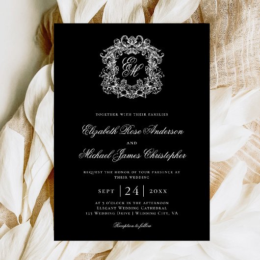 Elegant Black Monogram Wedding Crest 招待状