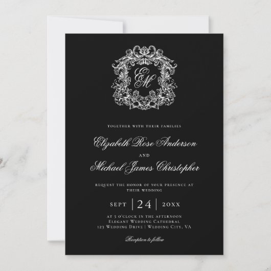 Elegant Black Monogram Wedding Crest 招待状 (正面)
