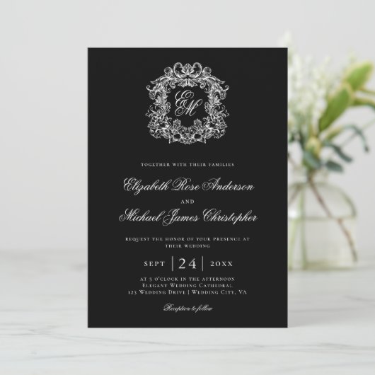 Elegant Black Monogram Wedding Crest 招待状 (スタンド正面)