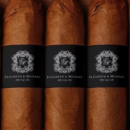 Elegant Black Monogram Wedding Crest Cigar Band  ラベル