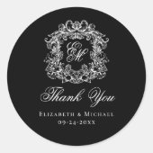 Elegant Black Monogram Wedding Crest Thank You ラウンドシール (正面)
