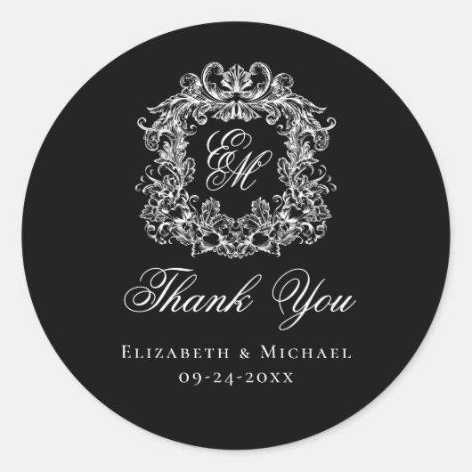Elegant Black Monogram Wedding Crest Thank You ラウンドシール (正面)
