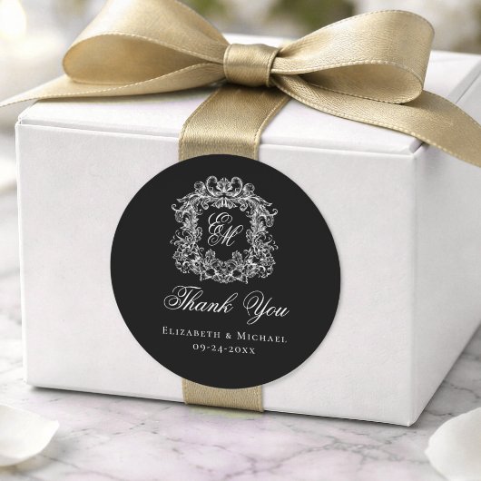 Elegant Black Monogram Wedding Crest Thank You ラウンドシール