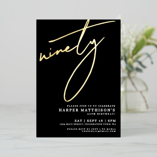 Elegant Black Ninety 90th Birthday Gold 箔招待状 (立ち正面)