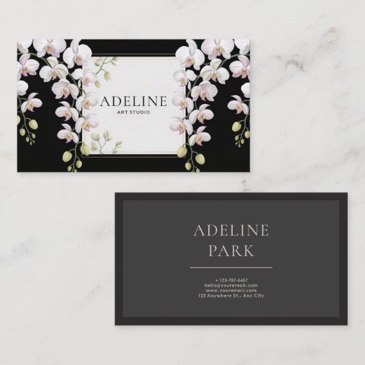 Elegant Black Orchid Cascade Gold Frame Modern 名刺 (正面/裏面)