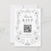 Elegant Black Ornate Floral QR Code Wedding 出欠カード (正面)
