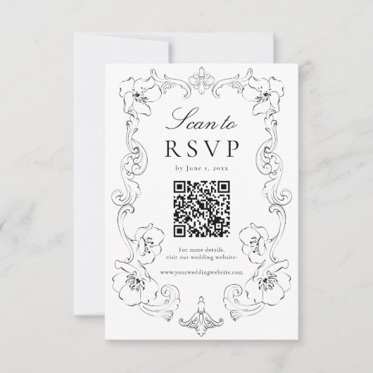Elegant Black Ornate Floral QR Code Wedding 出欠カード (正面)