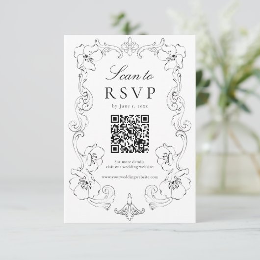 Elegant Black Ornate Floral QR Code Wedding 出欠カード (スタンド正面)