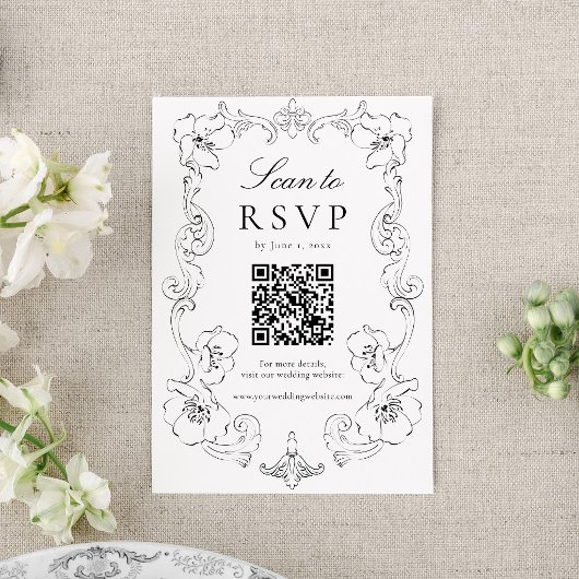 Elegant Black Ornate Floral QR Code Wedding 出欠カード
