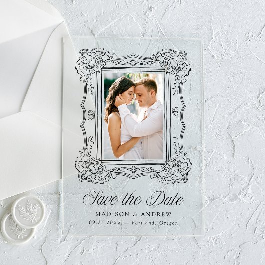 Elegant Black Ornate Frame Wedding Save the Date アクリル招待状