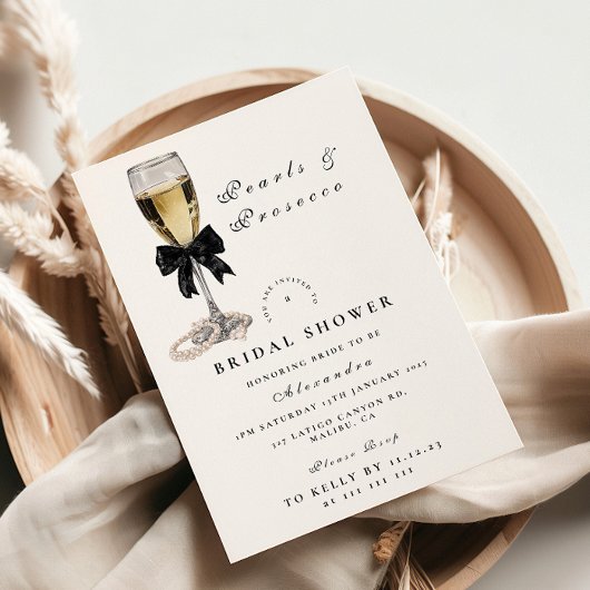 Elegant Black Pearl Champagne Bridal Shower 招待状