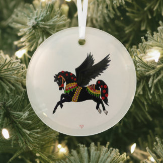 Elegant Black Pegasus Vintage Carousel Horse  ガラスオーナメント