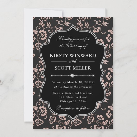 Elegant Black Pink Frame Floral Wedding 招待状 (正面)