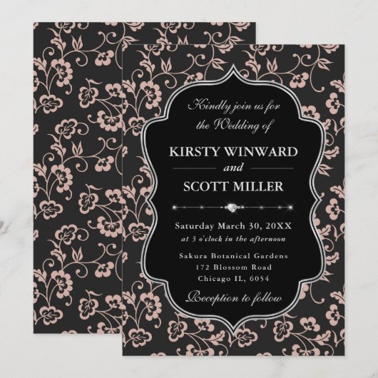 Elegant Black Pink Frame Floral Wedding 招待状 (正面/裏面)