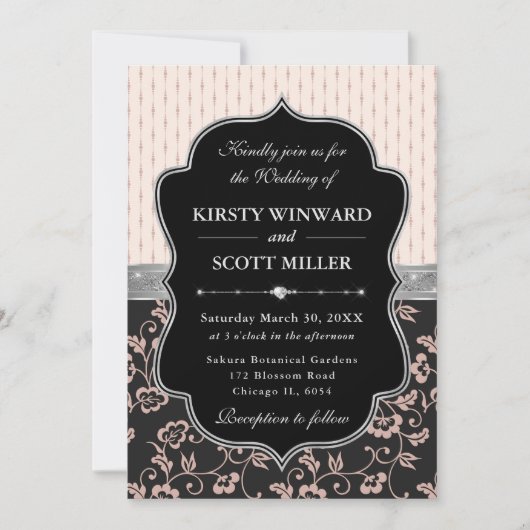 Elegant Black Pink Frame Floral Wedding 招待状 (正面)