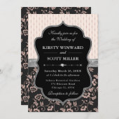 Elegant Black Pink Frame Floral Wedding 招待状 (正面/裏面)