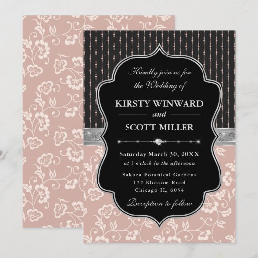 Elegant Black Pink Frame Floral Wedding 招待状 (正面/裏面)