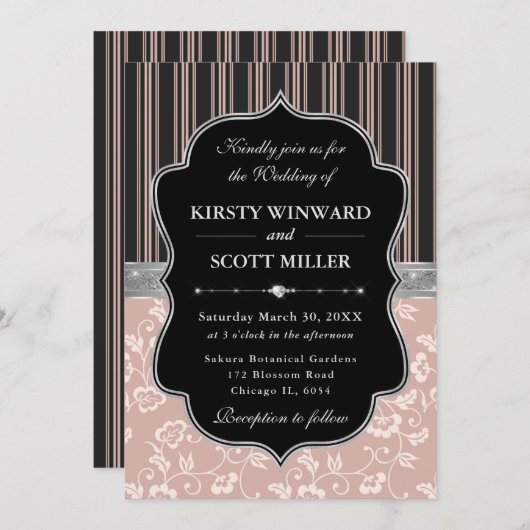 Elegant Black Pink Frame Floral Wedding 招待状 (正面/裏面)