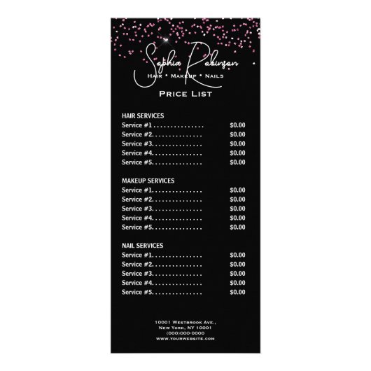 Elegant Black & Pink Glitter Price List Rack Card ラックカード (正面)