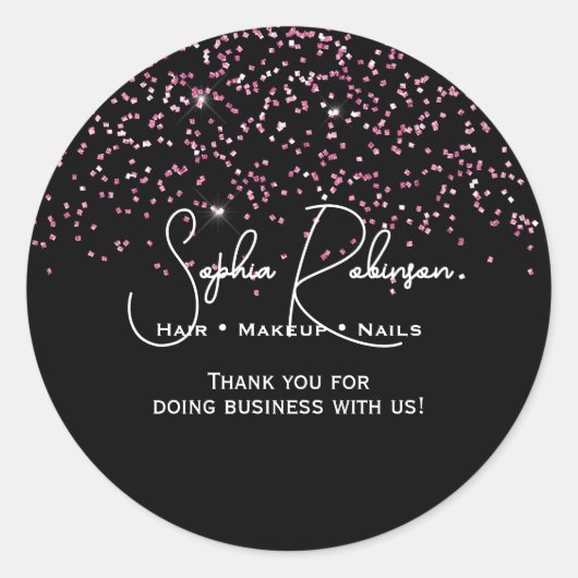 Elegant Black & Pink Glitter Thank You Sticker ラウンドシール (正面)