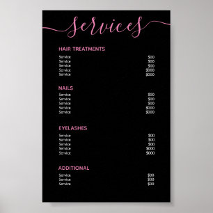 Elegant Black Pink Salon Price List Service Menu ポスター