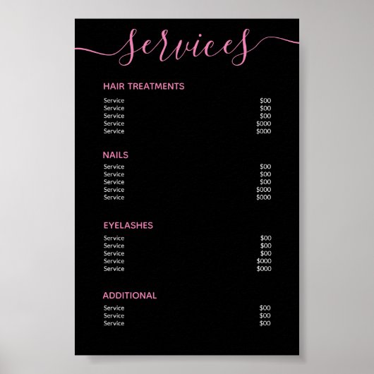Elegant Black Pink Salon Price List Service Menu ポスター (正面)