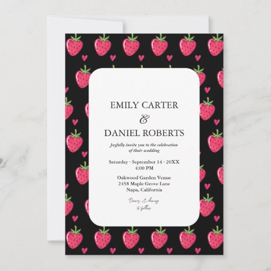 Elegant Black & Pink Strawberry Wedding Invitation 招待状 (正面)