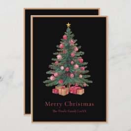 Elegant Black Pink Watercolor Christmas Tree シーズンカード